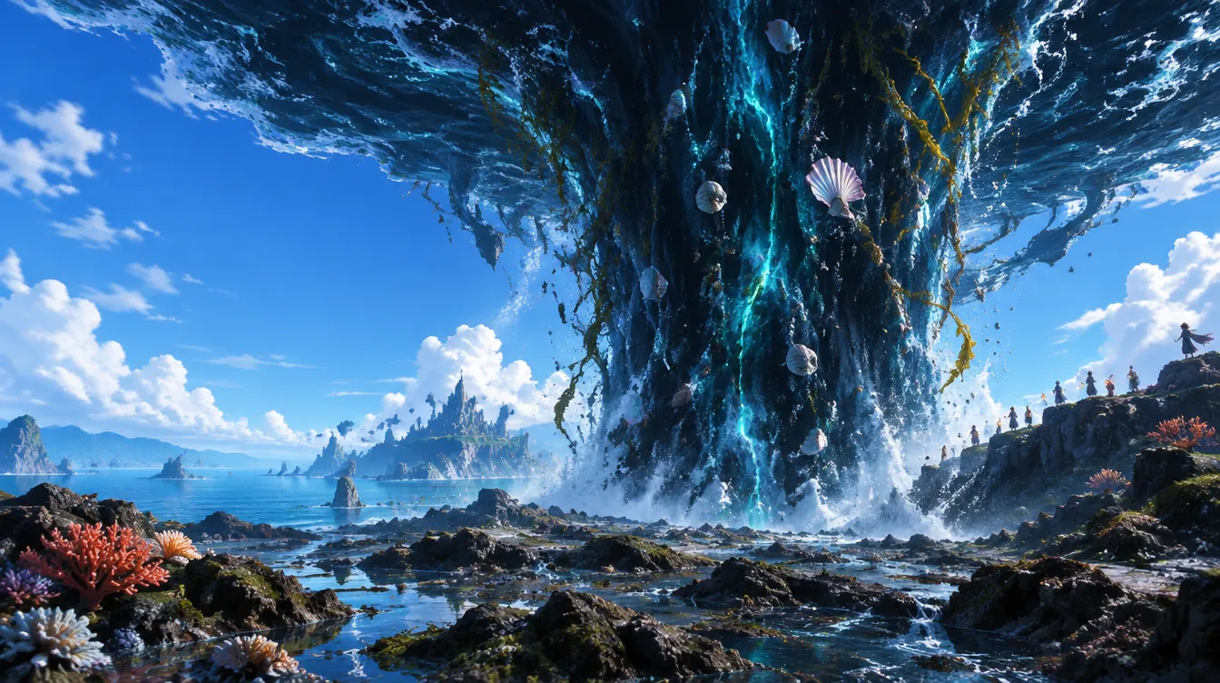 Arus hitam bercahaya teal jatuh dari laut di langit ke dataran berbatu di tepi pantai, kulit kerang berjatuhan bersamanya